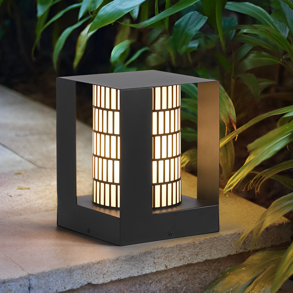 Four-Panel Cylinder Lantern LED Black Waterproof Outdoor Light with Lattice Pattern