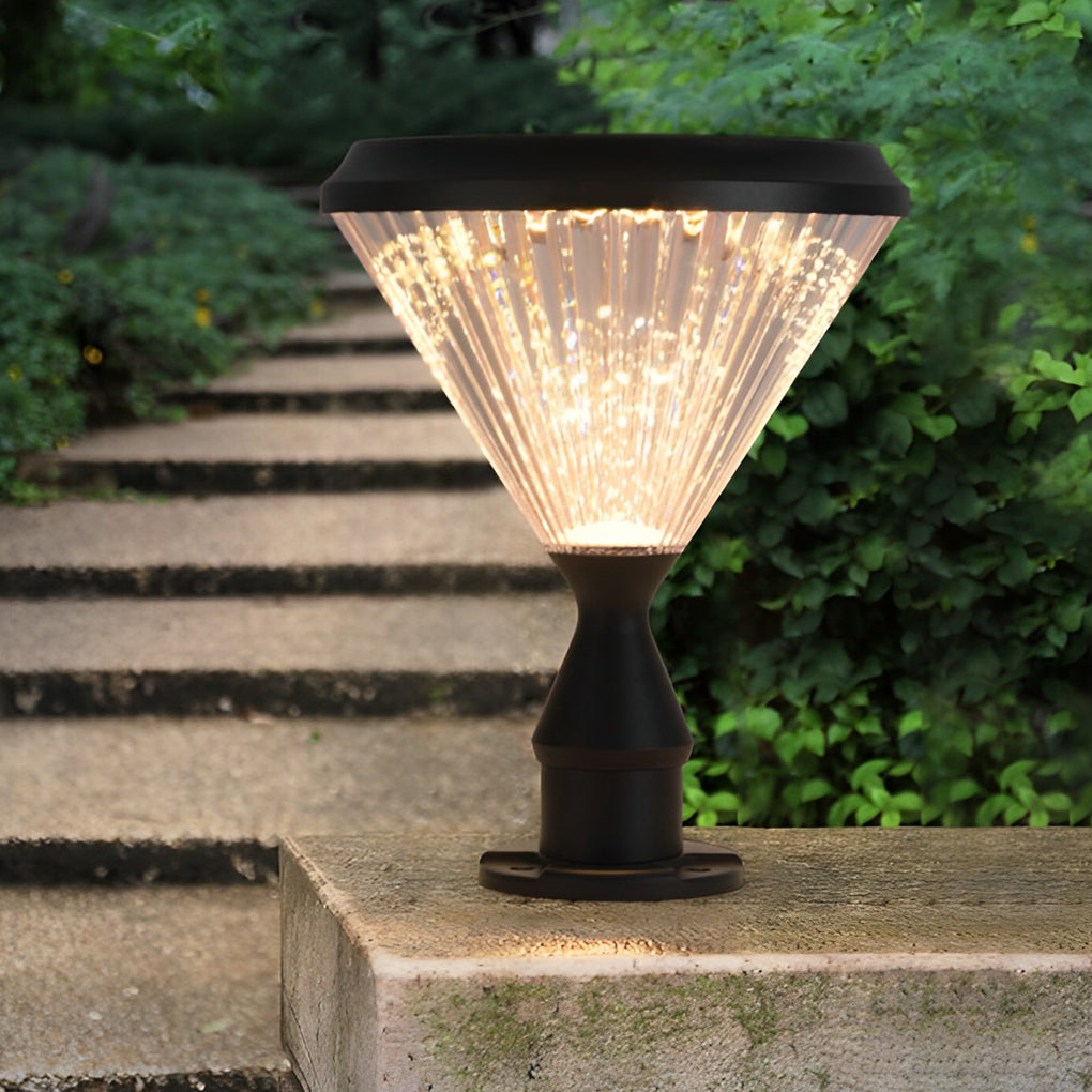Round Solar LED Outdoor Lights in Black with Ribbed Lampshade