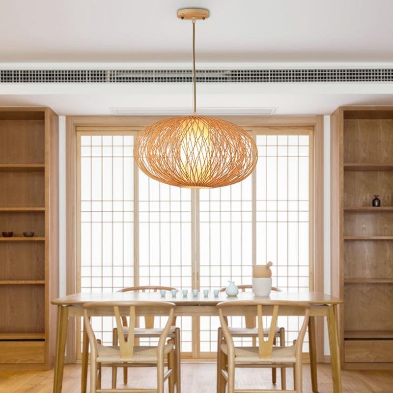 Rattan Globe Pendant Light Horizontally Oval Bamboo Woven Pendant Light