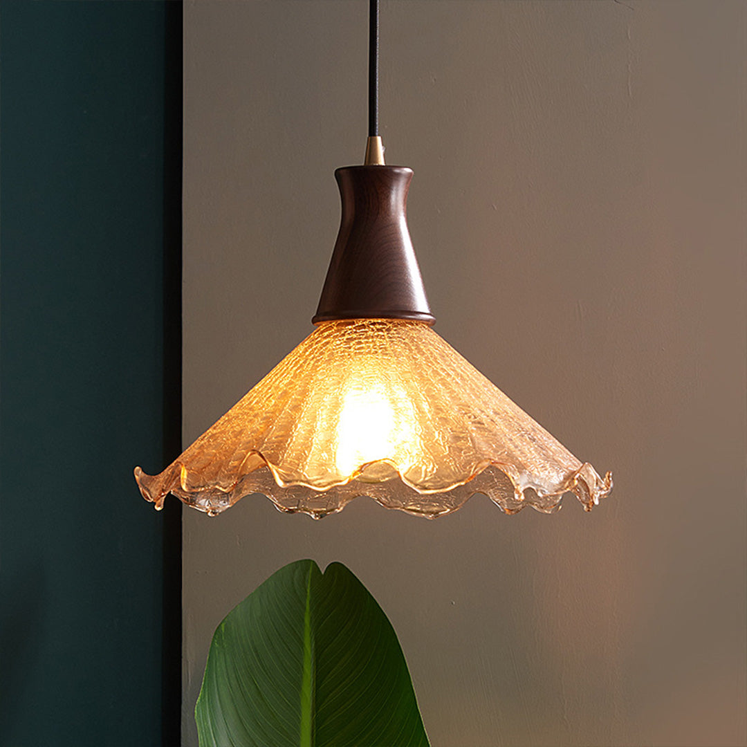 Brass Pendant Light Fixtures American Vintage Walnut Wood Cracked Glass Bedroom Light