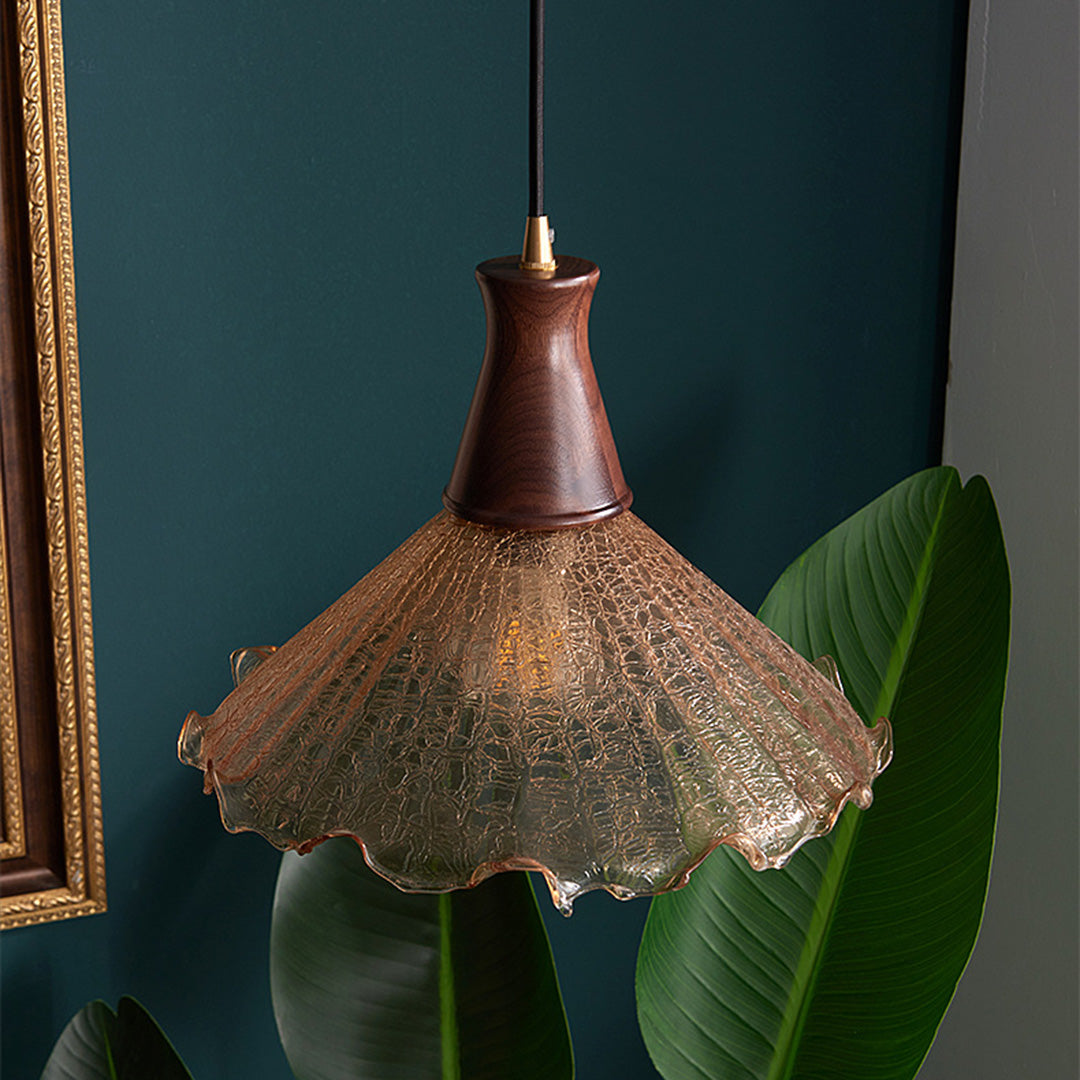Brass Pendant Light Fixtures American Vintage Walnut Wood Cracked Glass Bedroom Light