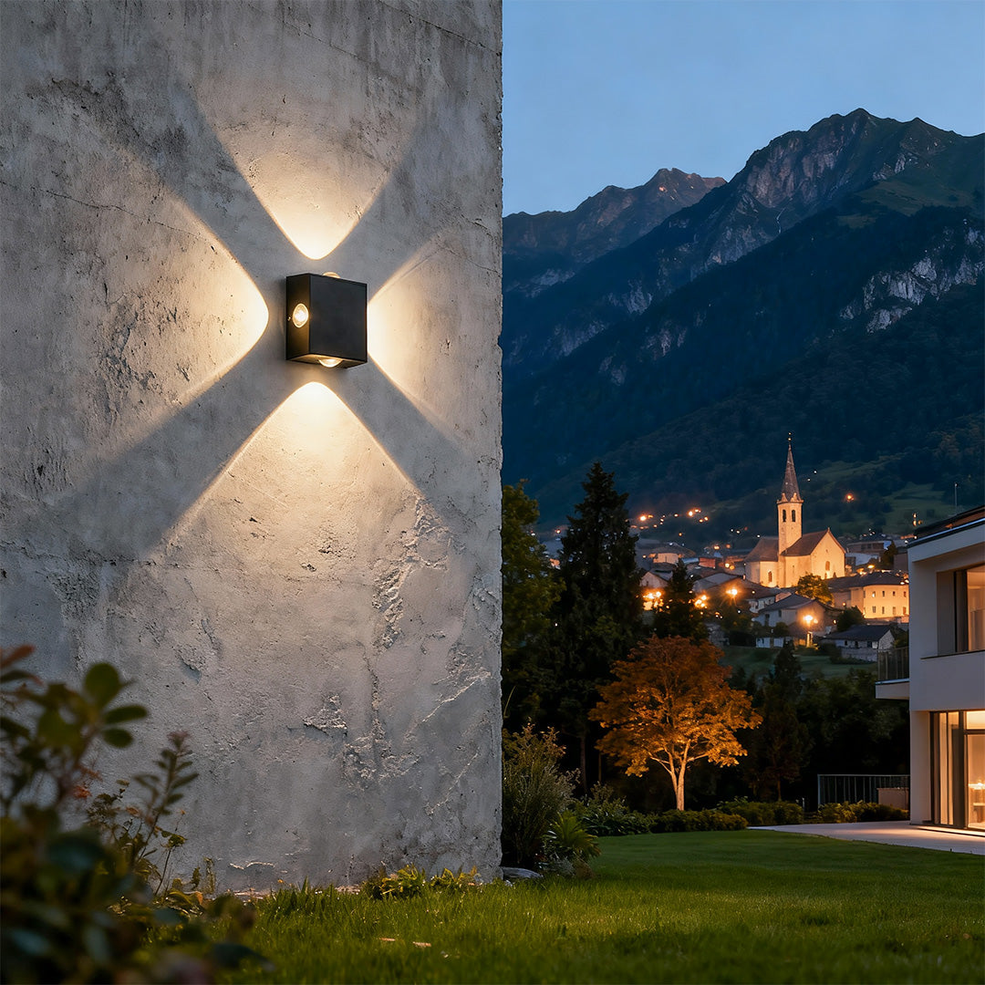 Black Outdoor Sconce Light LED Waterproof Square Quad-Sided Lamp