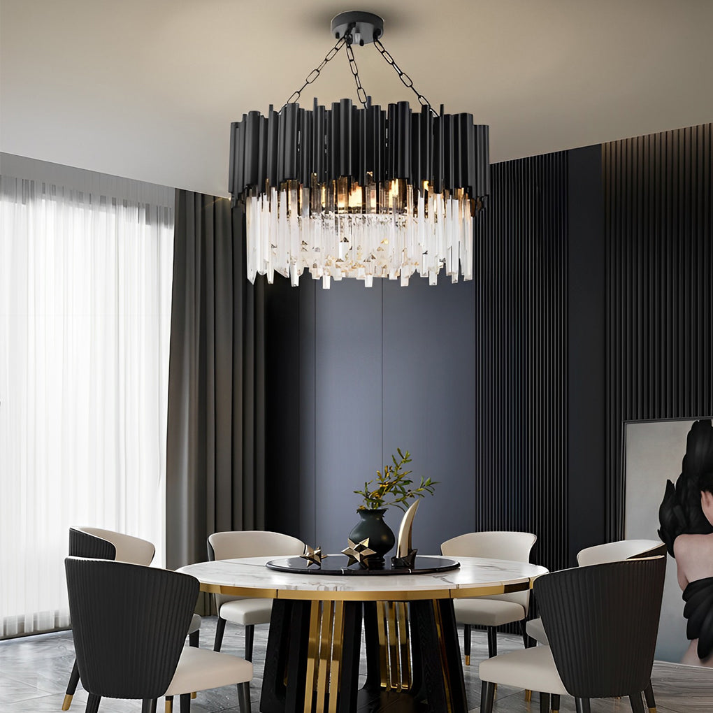 Black Metal and Crystal Chandelier Modern Round Ceiling Light