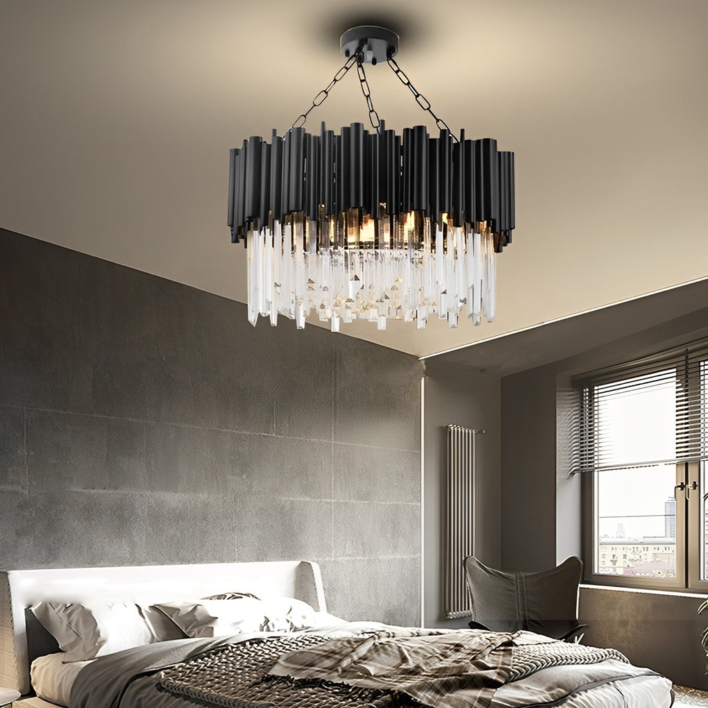 Black Metal and Crystal Chandelier Modern Round Ceiling Light