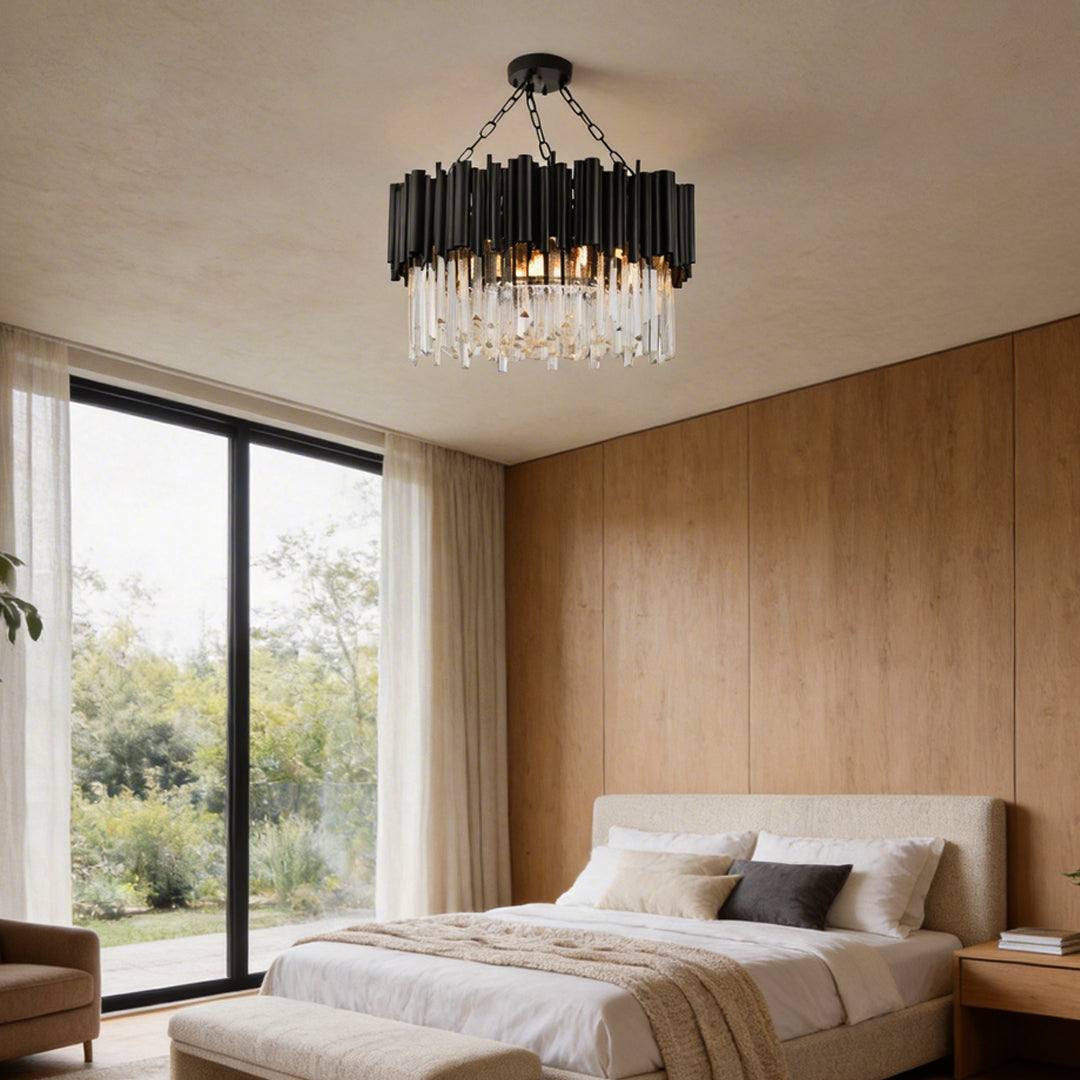 Black Metal and Crystal Chandelier Modern Round Ceiling Light