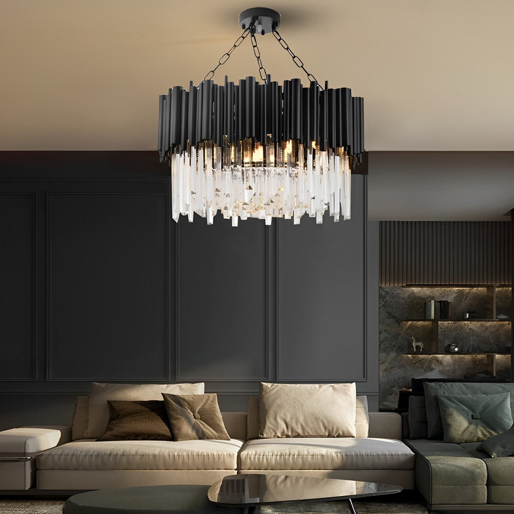 Black Metal and Crystal Chandelier Modern Round Ceiling Light