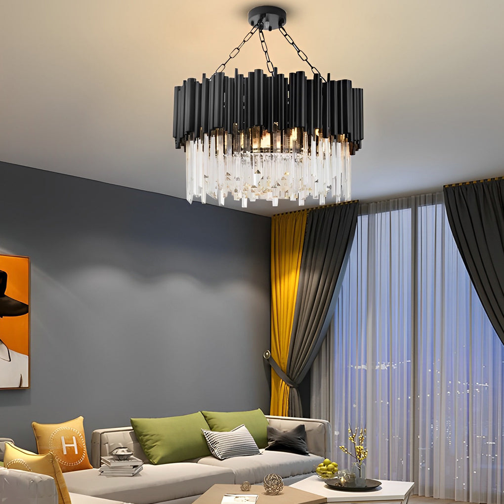 Black Metal and Crystal Chandelier Modern Round Ceiling Light