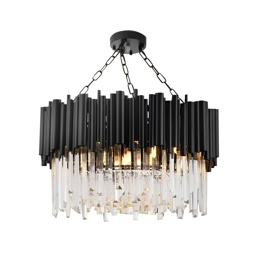 Black Metal and Crystal Chandelier Modern Round Ceiling Light