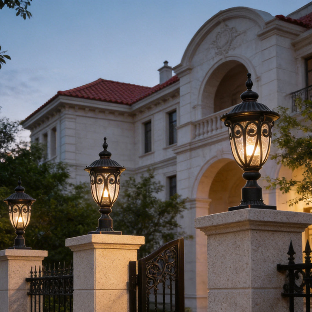 Black Outdoor Pillar Lights Retro Glass Waterproof Light