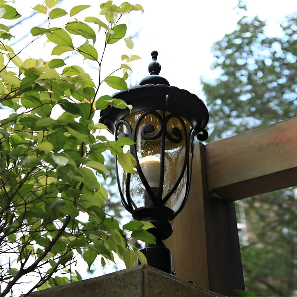 Black Outdoor Pillar Lights Retro Glass Waterproof Light