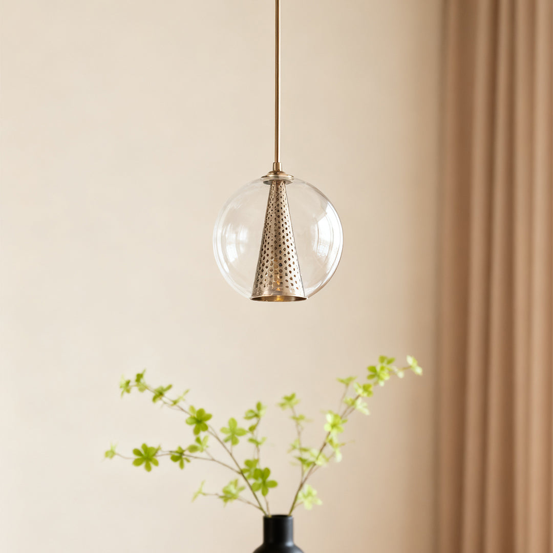 Glass Ball Pendant Lights Perforated Metal Cone Chic Ceiling Light
