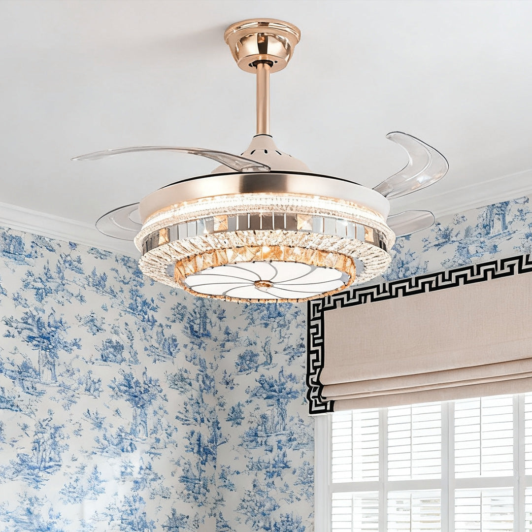 Gold Ceiling Fan with Light Crystal Design 4-Blade PC Invisible Lamp