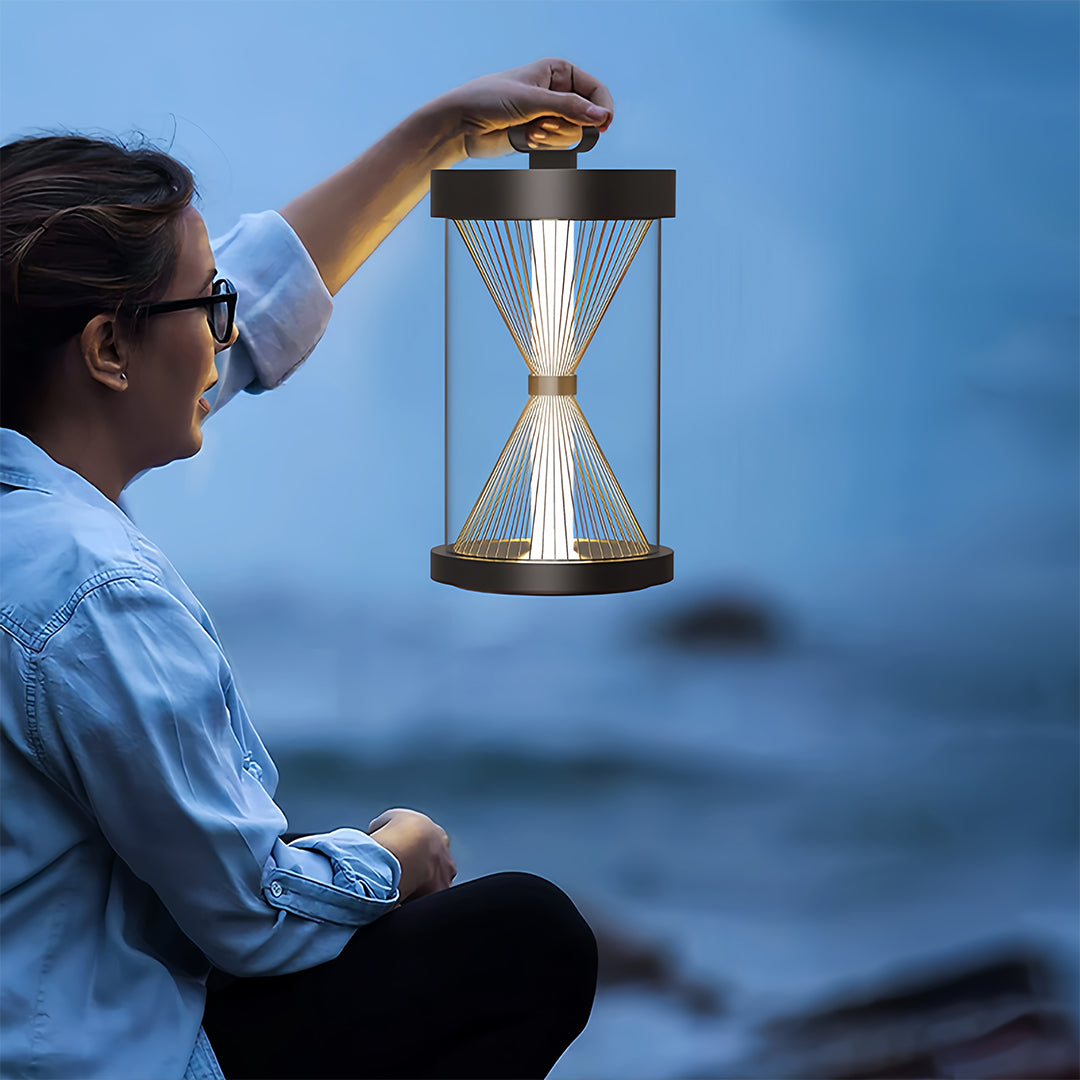 Black Outdoor Lantern Hourglass Design Versatile Portable Light