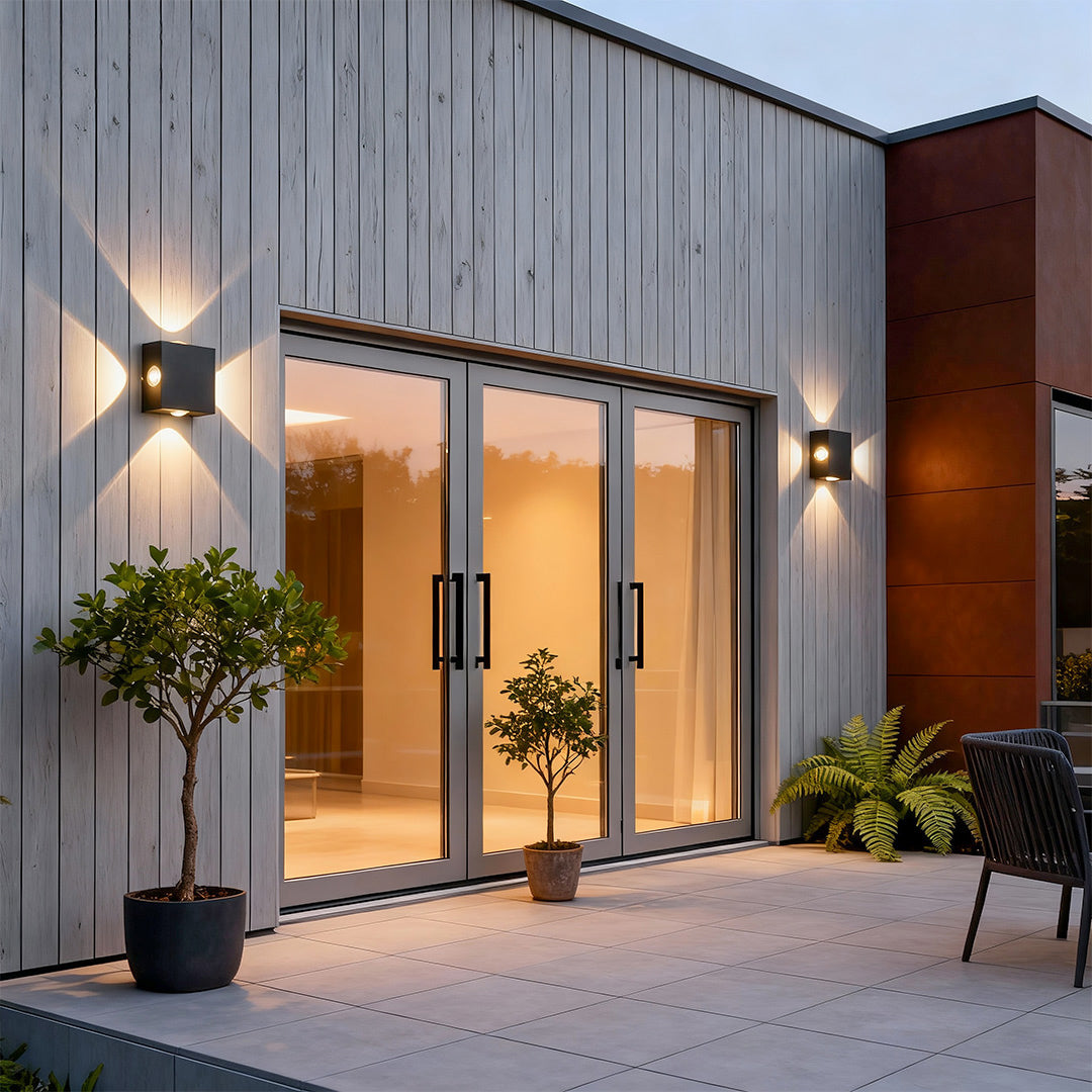 Black Outdoor Sconce Light LED Waterproof Square Quad-Sided Lamp