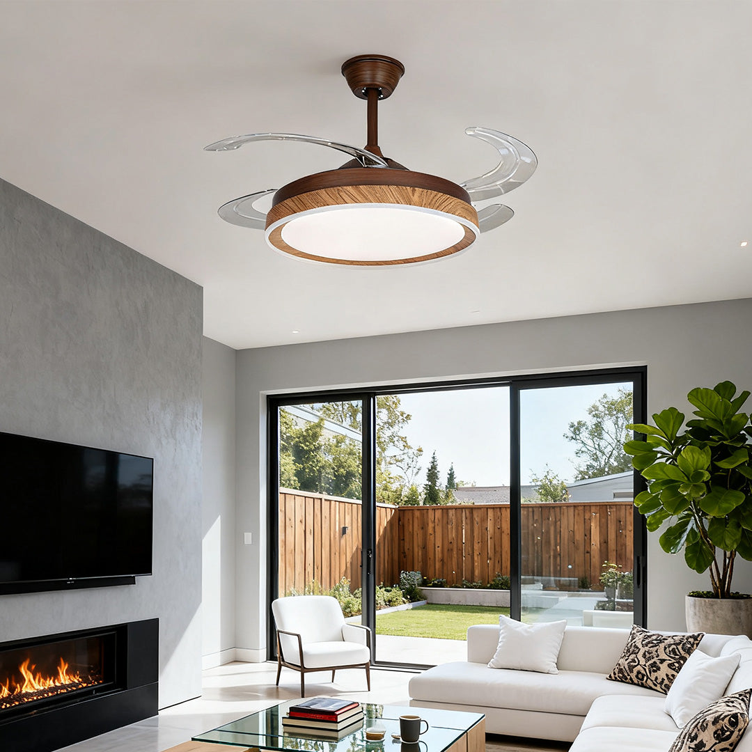 Ceiling Fan with 4 Lights Walnut Wood Grain Iron Body Silent Lamp