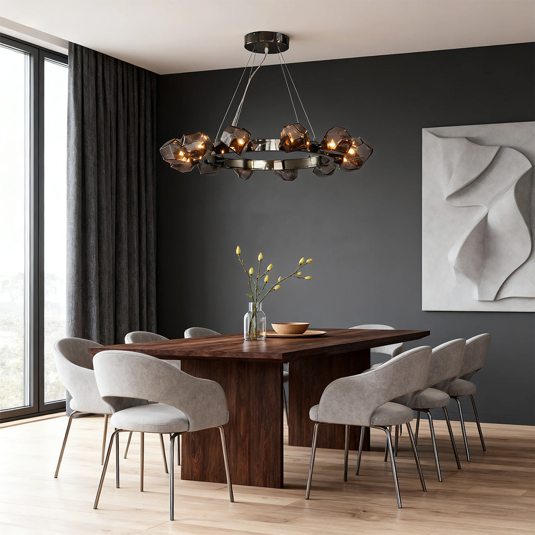 Black Round Chandelier with Geometric Glass Shades Ceiling Light