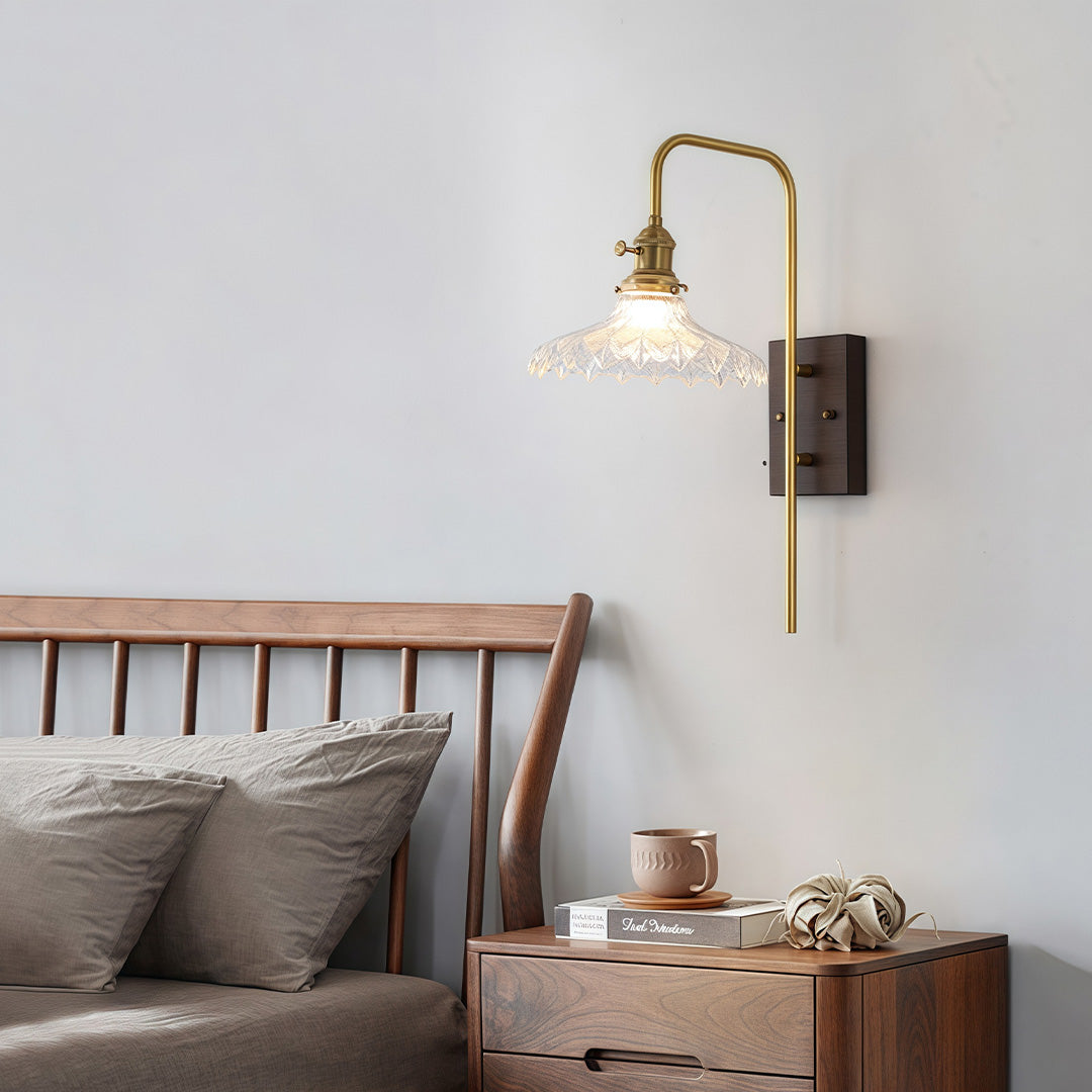 Glass Wall Lights Japanese Retro Wave Iron Body Rubberwood Lamp