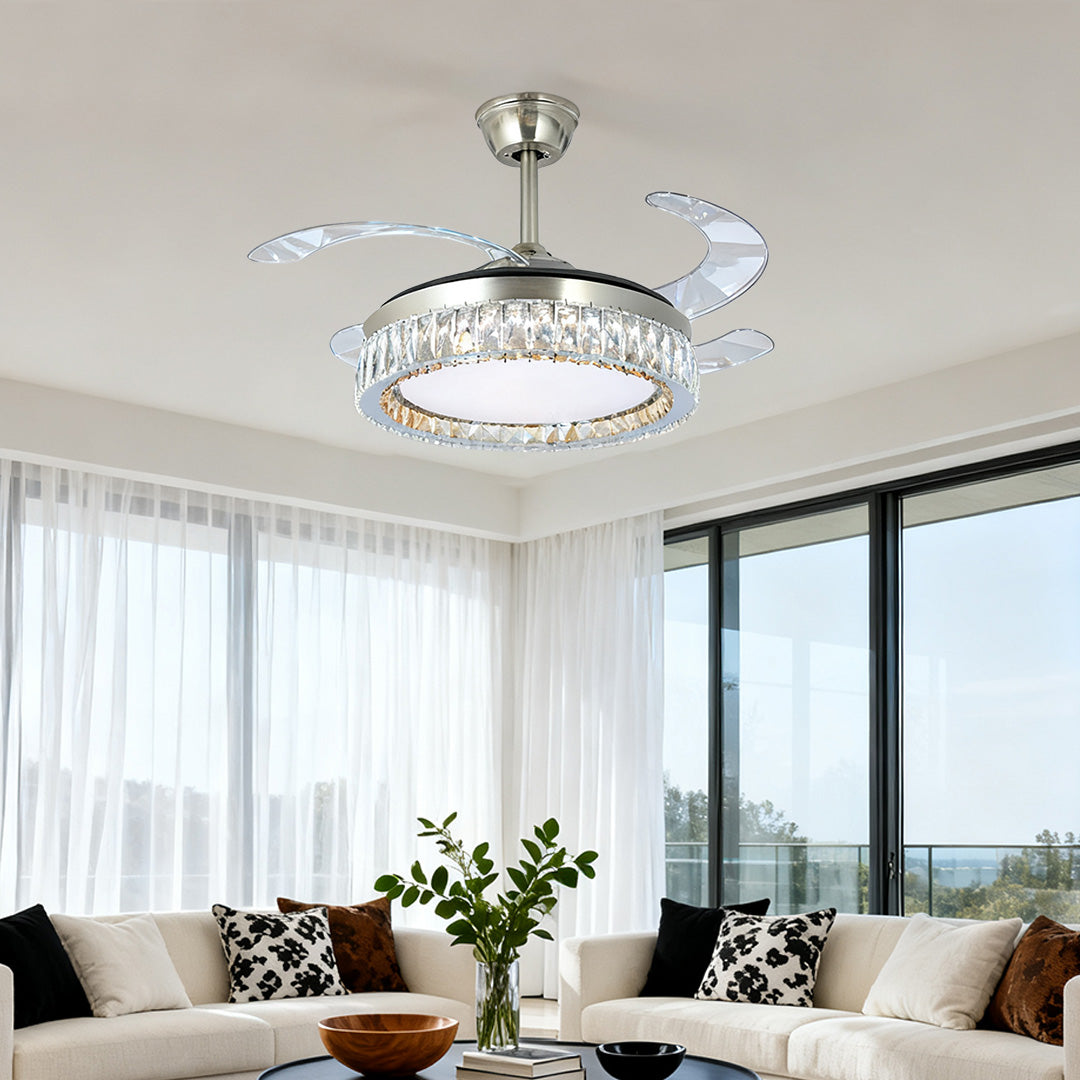 Crystal Ceiling Fan with Light Remote Controlled Luxury Nickel Lamp