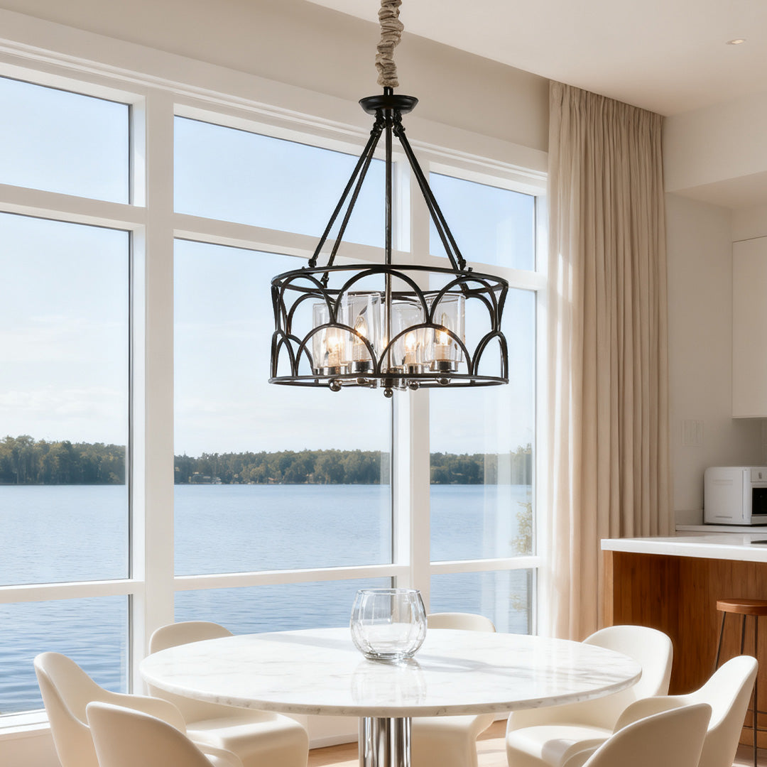 Chandelier with Black American Vintage Metal and Glass Ceiling Light