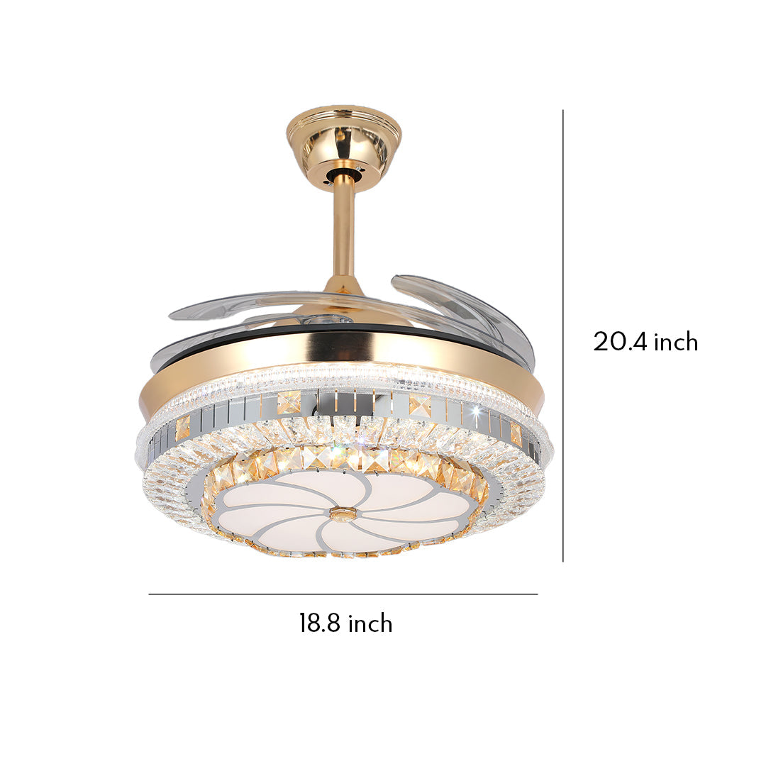 Gold Ceiling Fan with Light Crystal Design 4-Blade PC Invisible Lamp