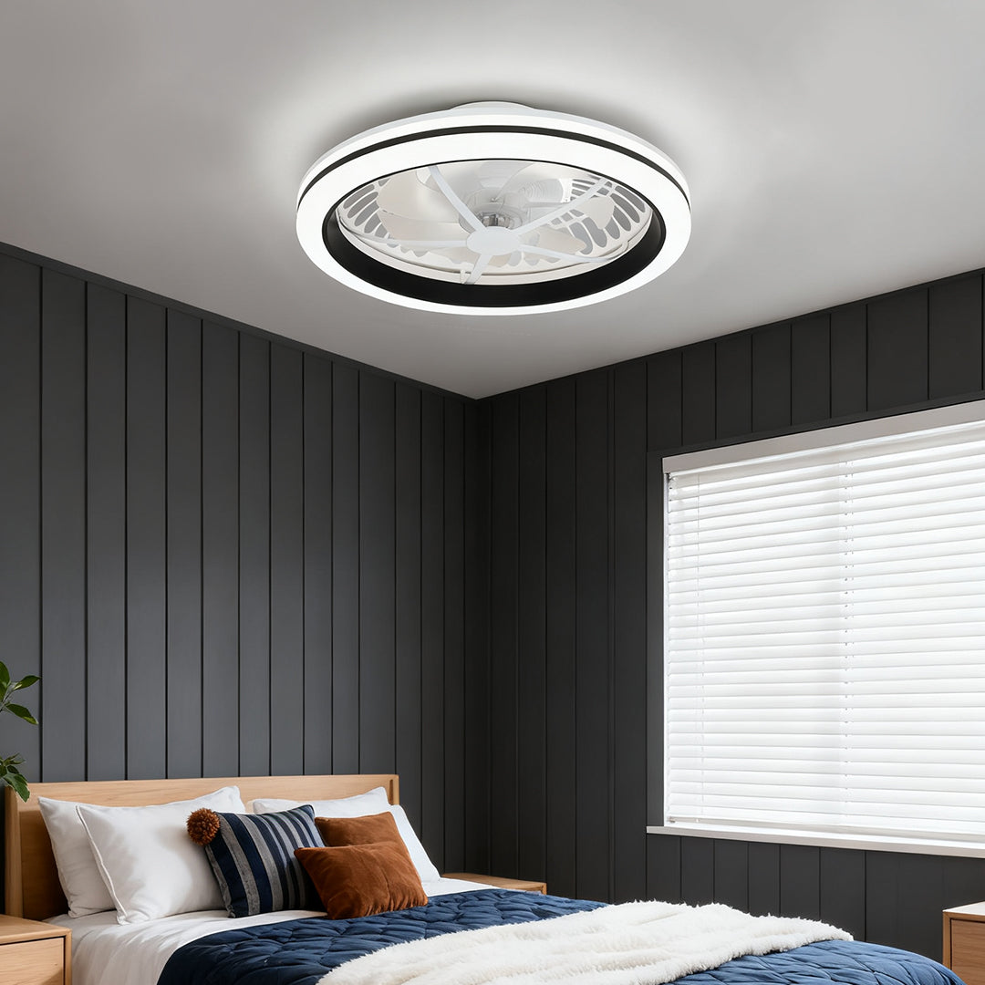 White Flush Mount Ceiling Fan with Light Plastic Round Design Lamp