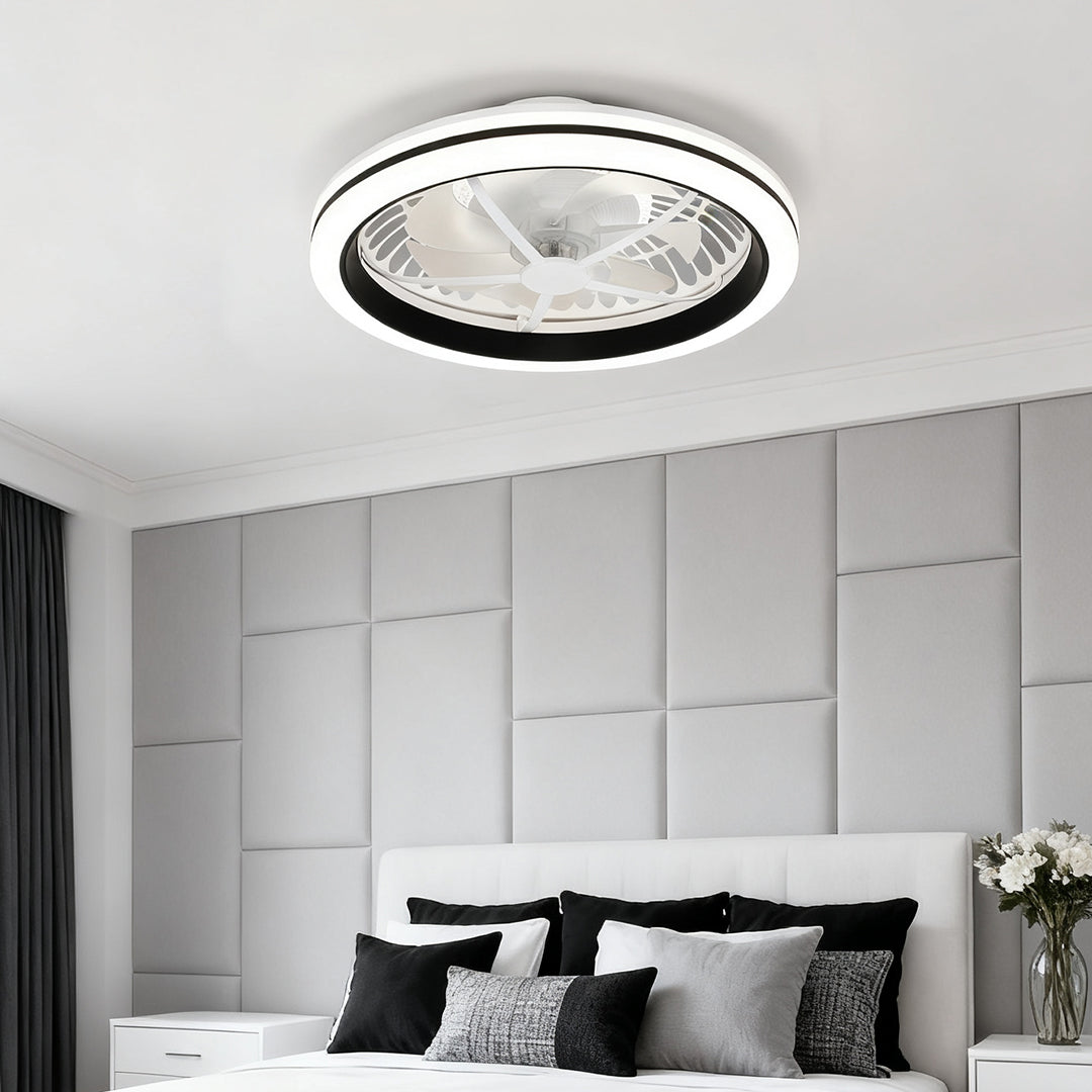 White Flush Mount Ceiling Fan with Light Plastic Round Design Lamp