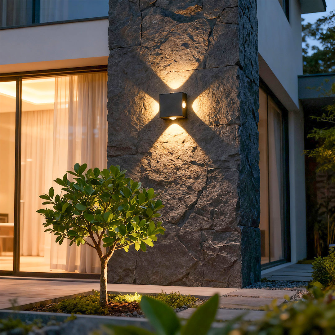 Black Outdoor Sconce Light LED Waterproof Square Quad-Sided Lamp