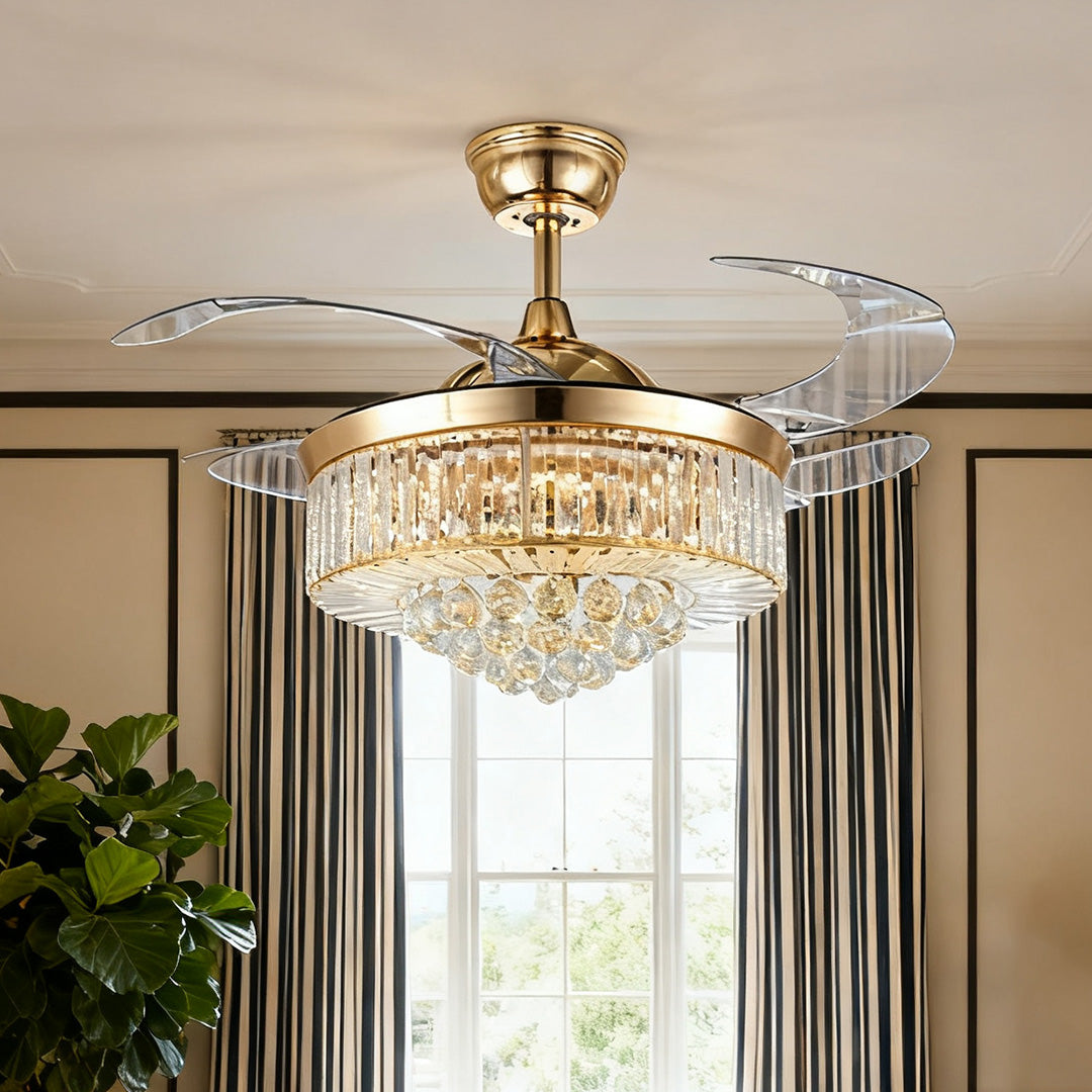 Crystal Ceiling Fans with Lights European Style Gold Iron Luxury Fan