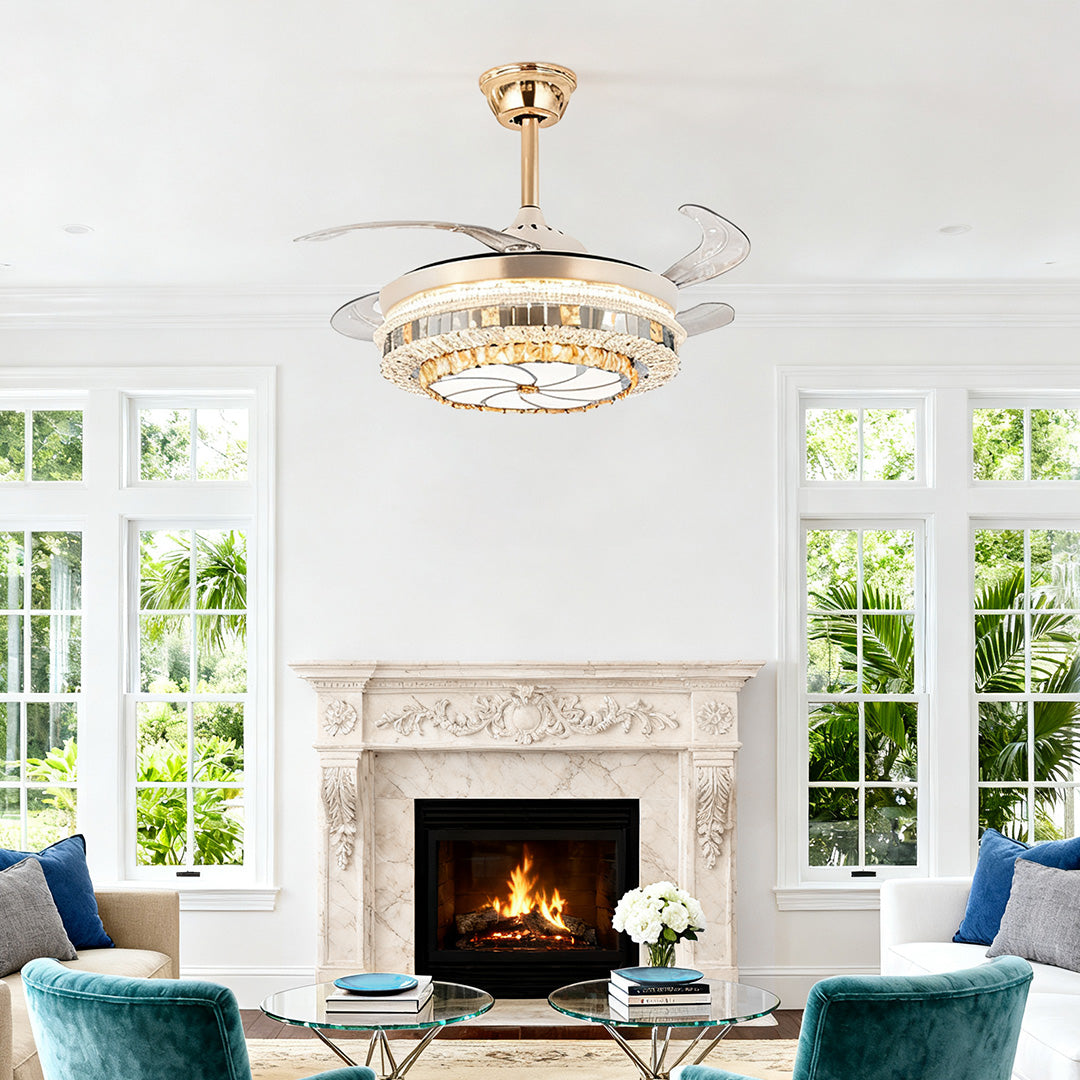 Gold Ceiling Fan with Light Crystal Design 4-Blade PC Invisible Lamp