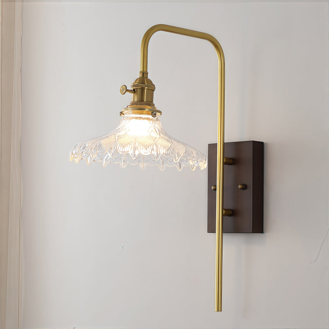 Glass Wall Lights Japanese Retro Wave Iron Body Rubberwood Lamp