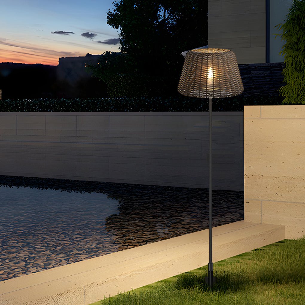 Elegant Rattan Shade LED Outdoor Floor Lamp Pendant Light with Stake and Open-Top Design