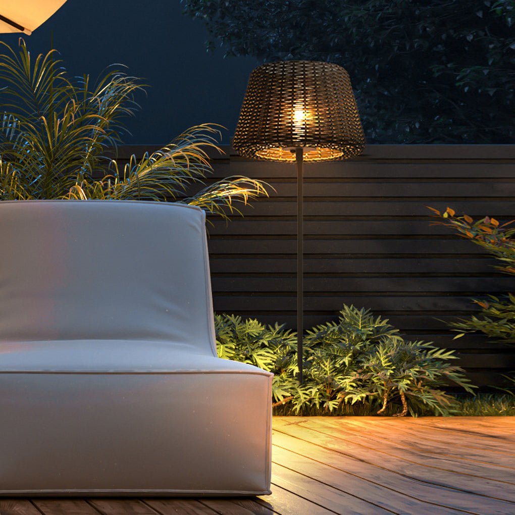 Elegant Rattan Shade LED Outdoor Floor Lamp Pendant Light with Stake and Open-Top Design