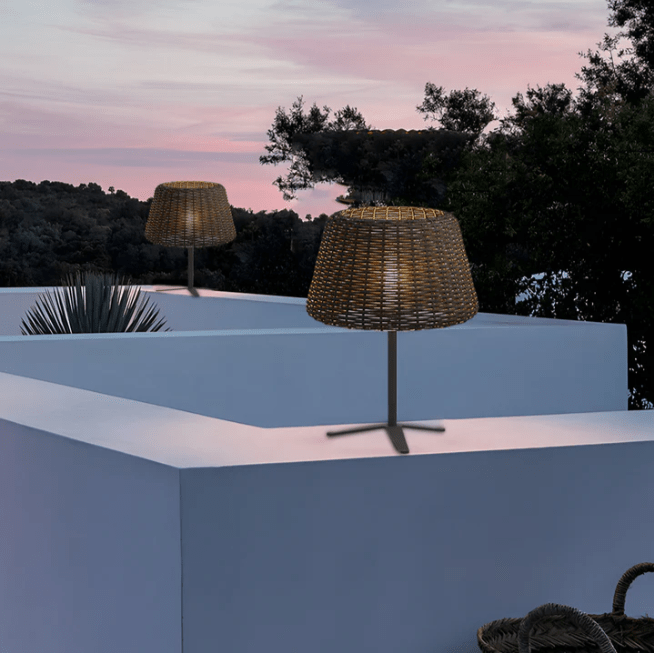 Elegant Rattan Shade LED Outdoor Floor Lamp Pendant Light with Stake and Open-Top Design