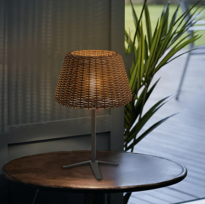 Elegant Rattan Shade LED Outdoor Floor Lamp Pendant Light with Stake and Open-Top Design