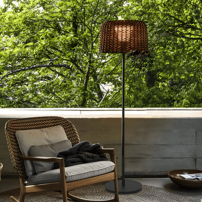 Elegant Rattan Shade LED Outdoor Floor Lamp Pendant Light with Stake and Open-Top Design