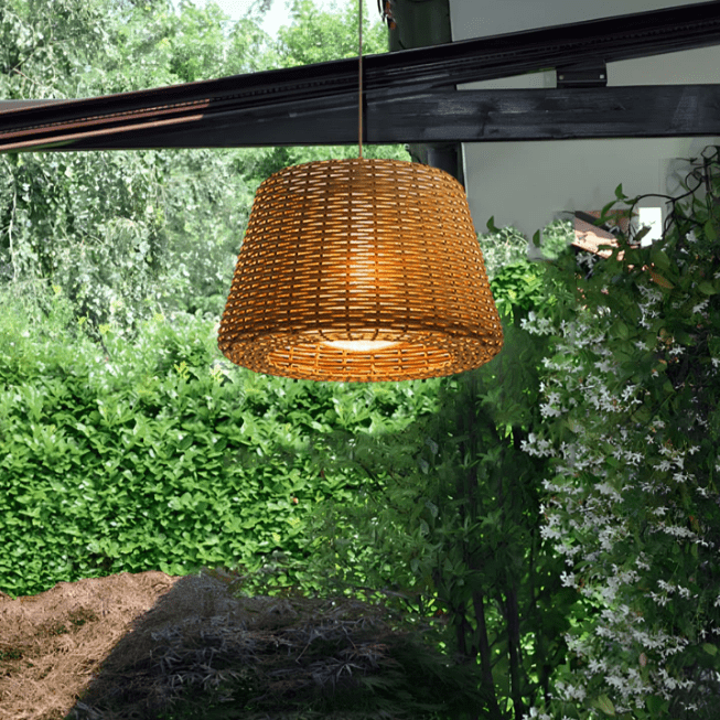 Elegant Rattan Shade LED Outdoor Floor Lamp Pendant Light with Stake and Open-Top Design