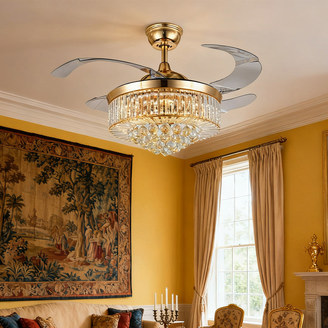 Crystal Ceiling Fans with Lights European Style Gold Iron Luxury Fan