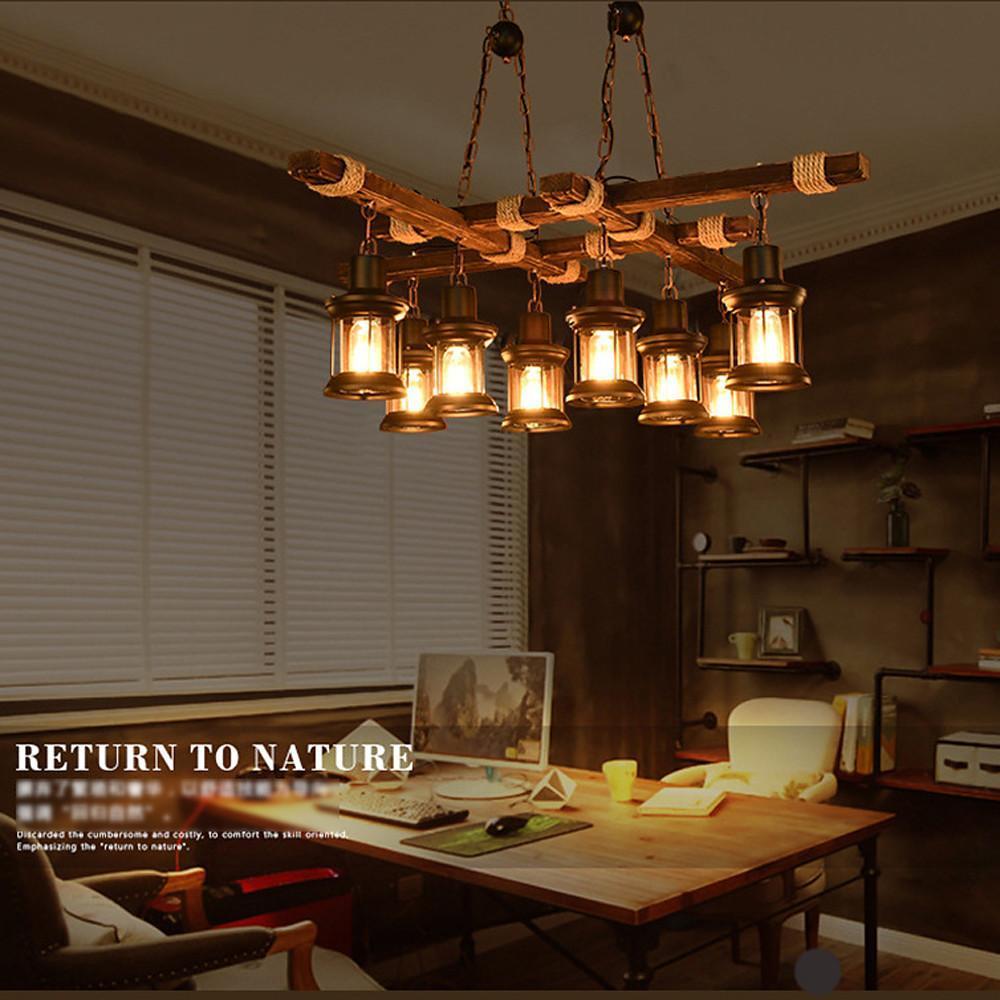 Rustic Wood Chandelier Vintage Unique LED Ceiling Light