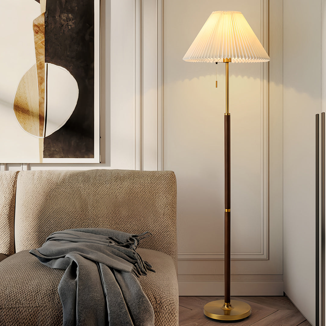 Floor Wood Lamp Pleated Fabric Shade Standing Lamp