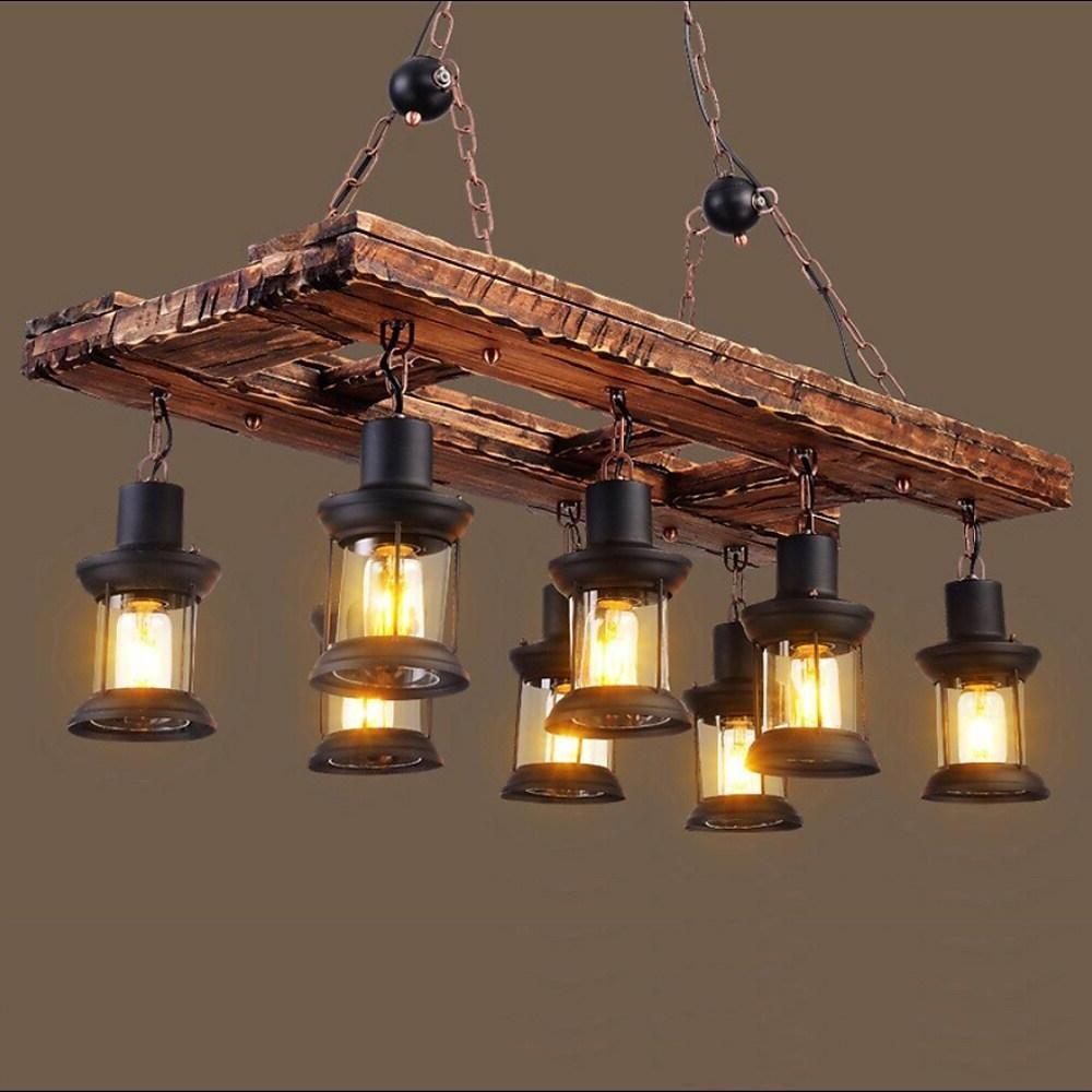 8-light Vintage Rustic Wooden Chandelier Lantern LED Farmhouse Hanging Lamp