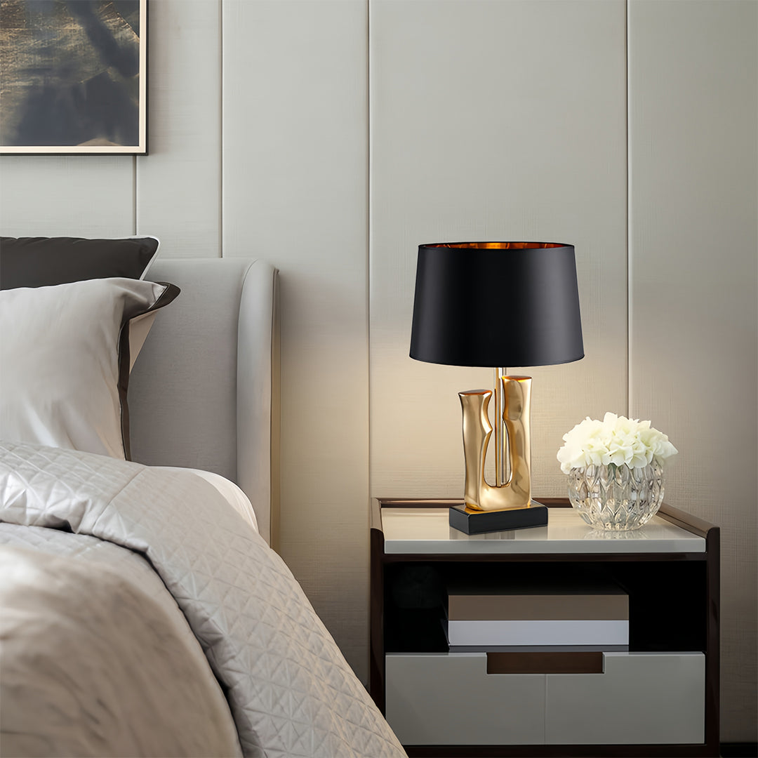 Gold and Black Table Lamp Sculptural Base Elegant Drum Shade Lamp