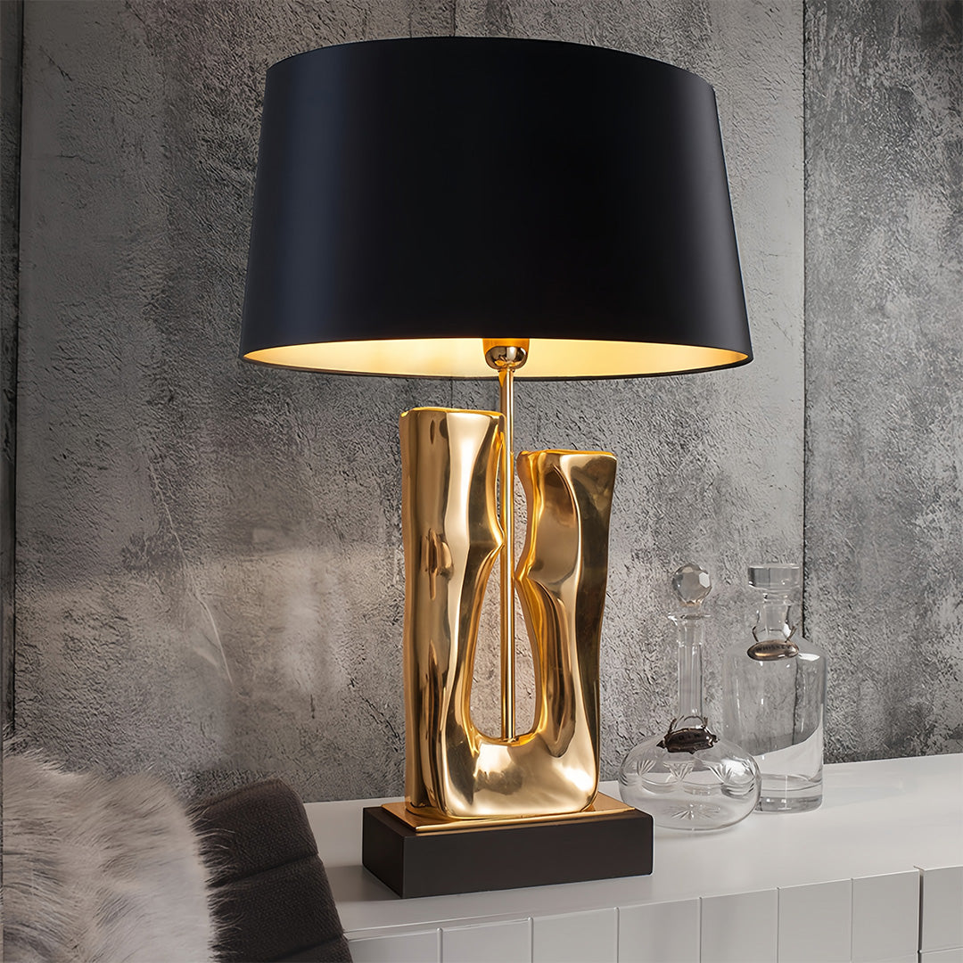 Gold and Black Table Lamp Sculptural Base Elegant Drum Shade Lamp