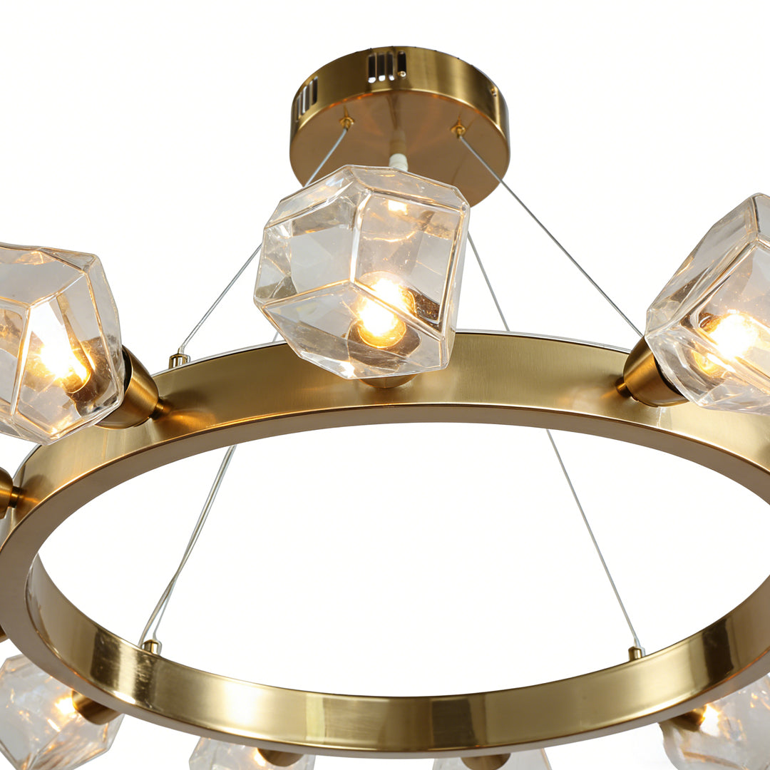 Gold Round Chandelier Featuring a Polished Brass Ring Ceiling Light