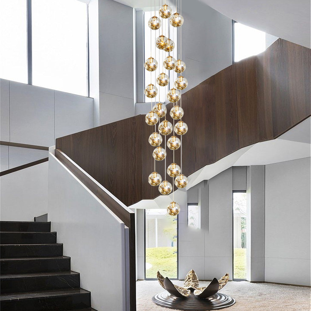Gold Staircase Chandelier Cognac Glass Globe Ceiling Light