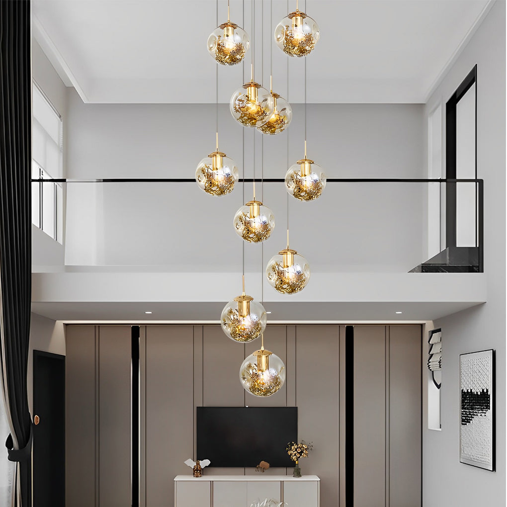 Gold Staircase Chandelier Cognac Glass Globe Ceiling Light