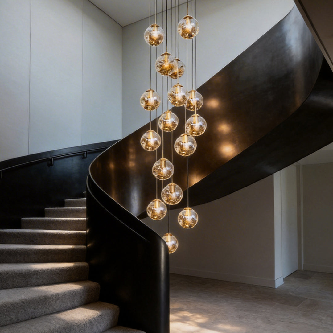 Gold Staircase Chandelier Cognac Glass Globe Ceiling Light