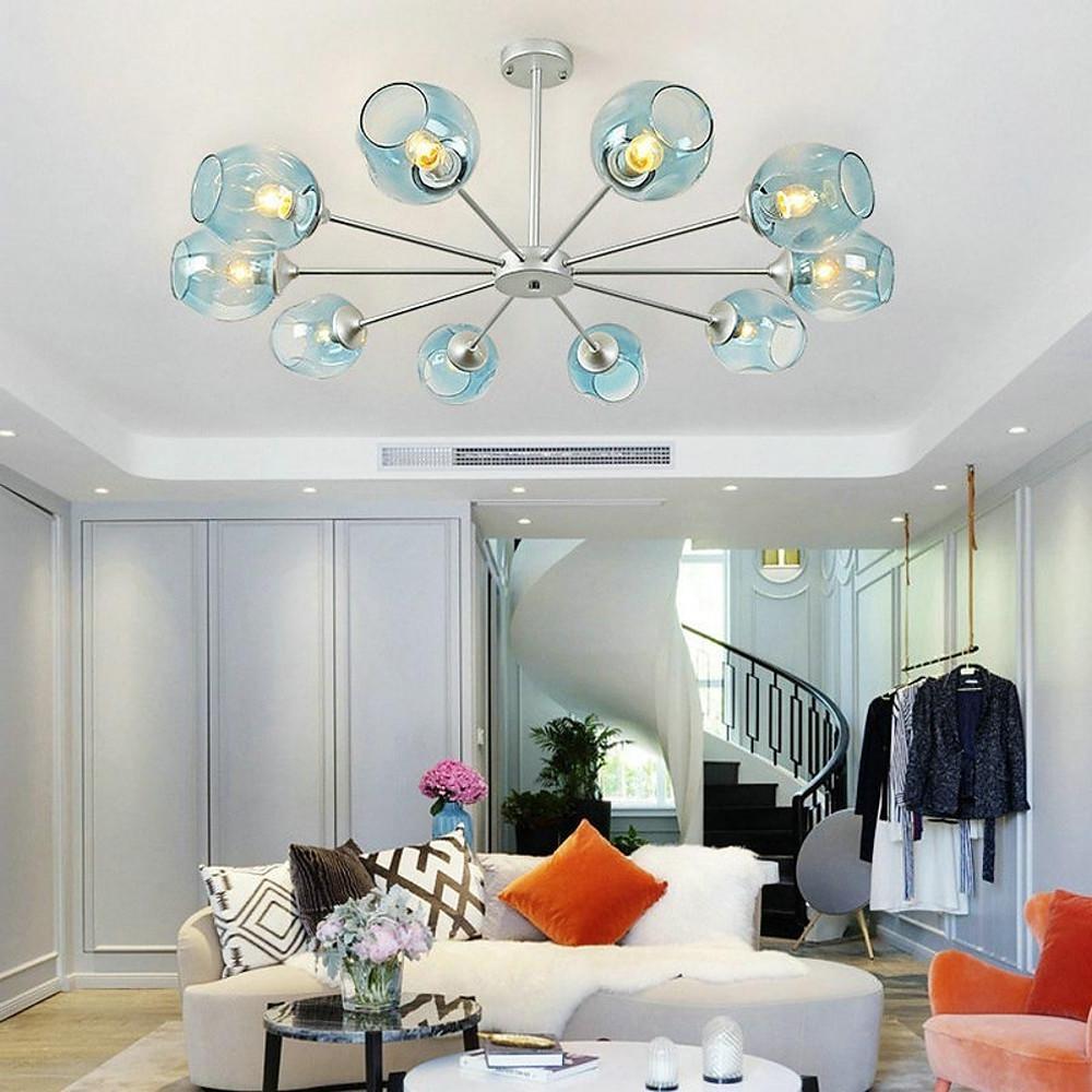 Blue Glass Sputnik Chandelier Metal See Glass Chandeliers with 8 LED Lights