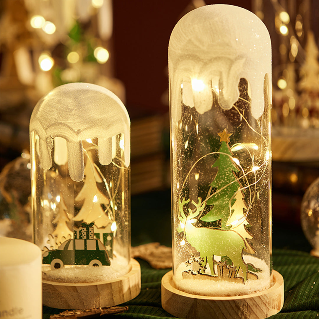Christmas Decoration Wooden Glass Snow Scene Ornament Lamp