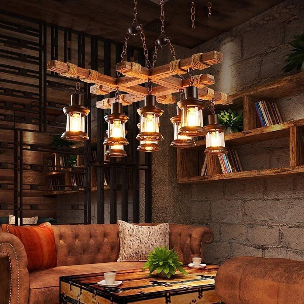 Rustic Wood Chandelier Vintage Unique LED Ceiling Light