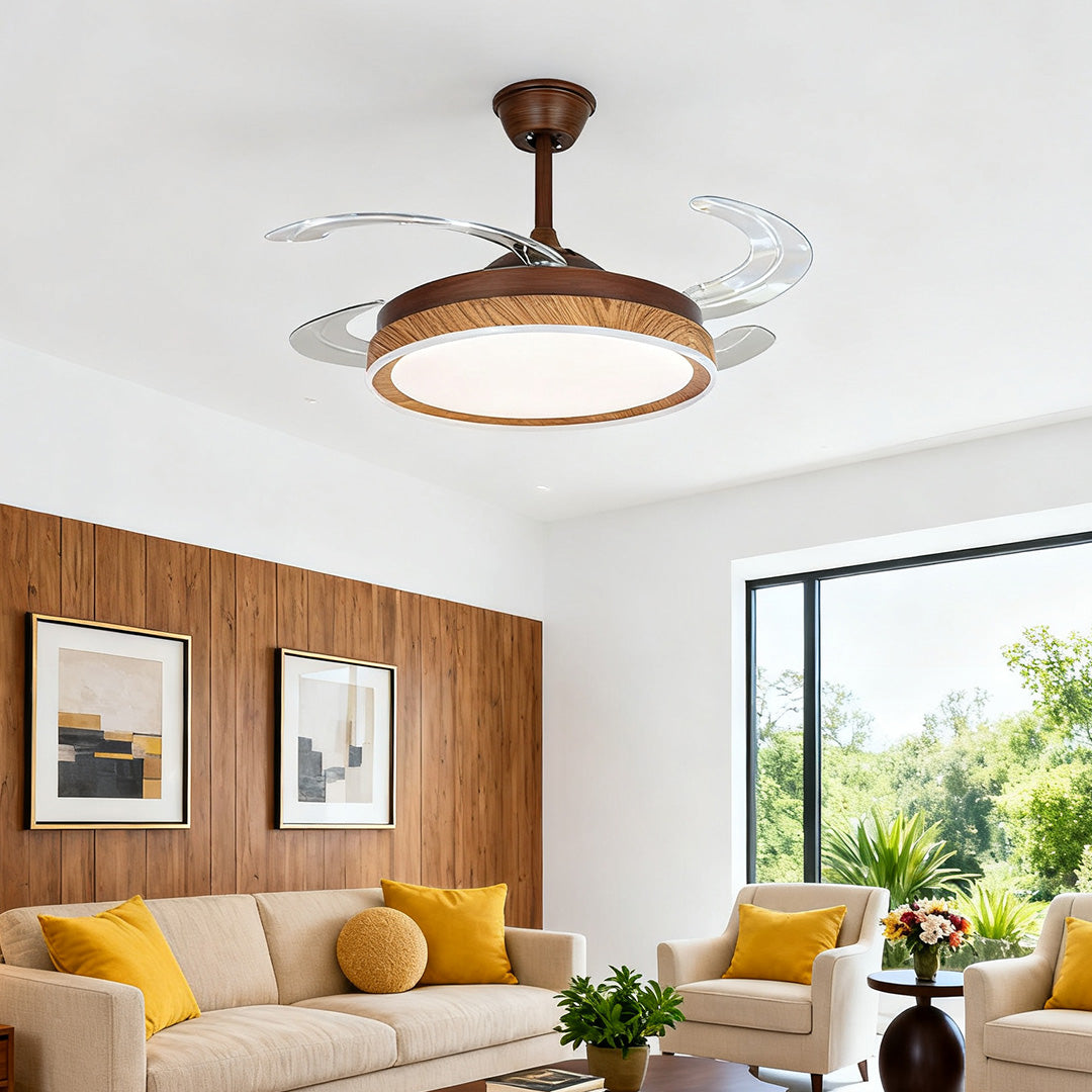 Ceiling Fan with 4 Lights Walnut Wood Grain Iron Body Silent Lamp